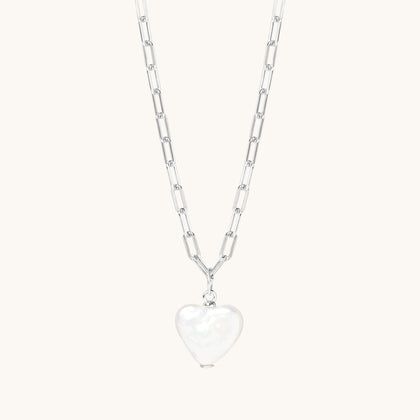 Pearl Heart Paperclip Necklace Silver
